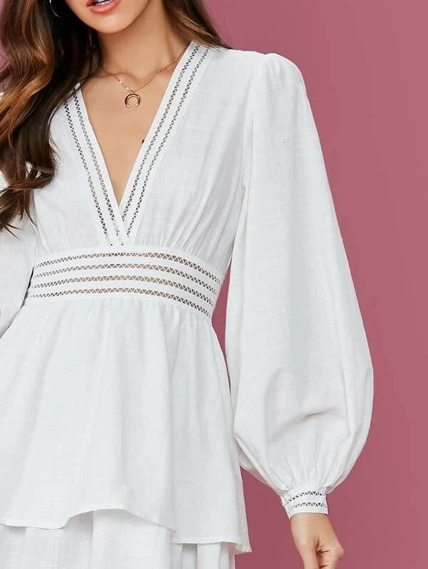 CM-DS212723 Women Elegant Seoul Style Eyelet Lace Insert Lantern Sleeve Layered Dress - White