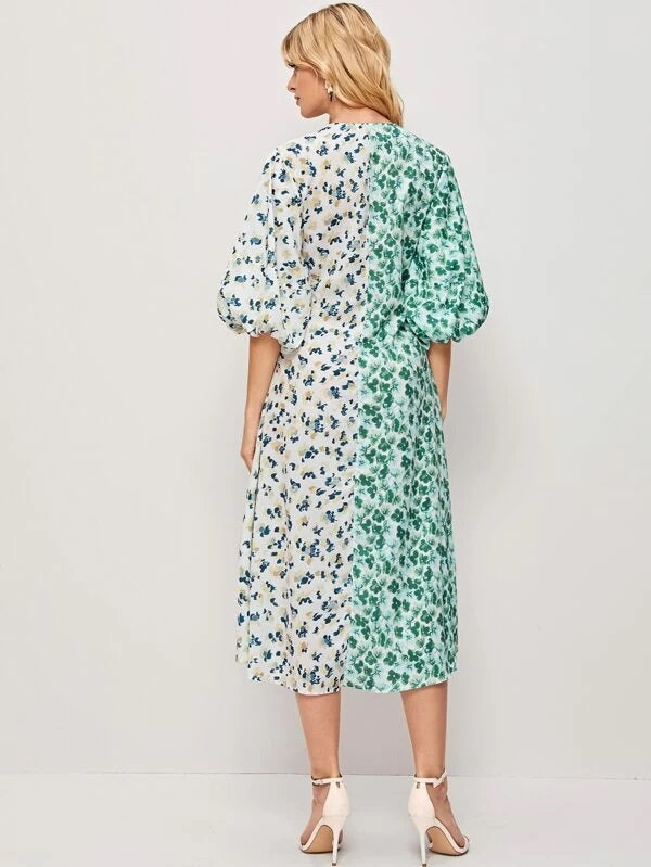 CM-DS231520 Women Casual Seoul Style V-Neck Bishop Sleeve Ditsy Floral A-Line Dress