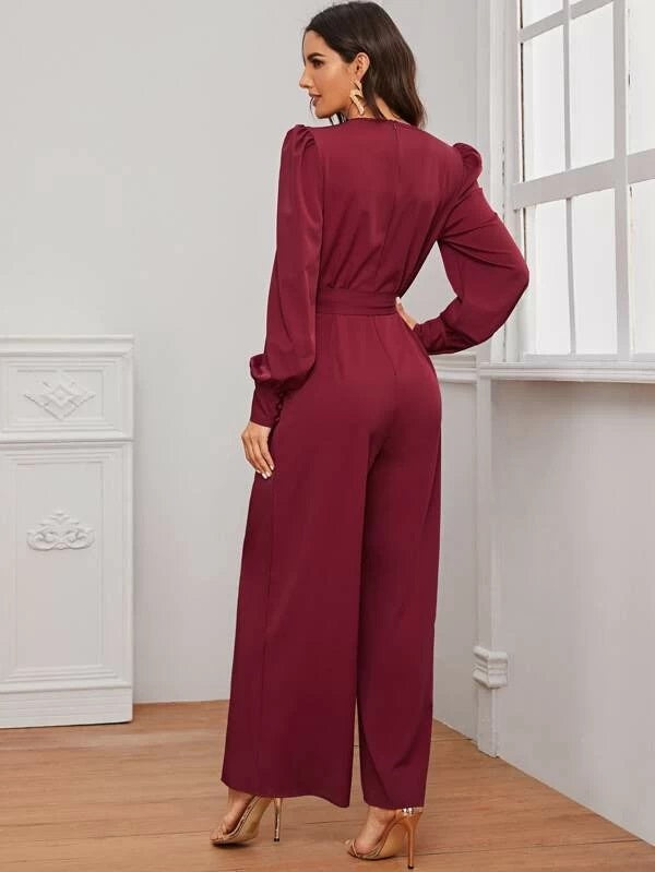 CM-JS226810 Women Elegant Seoul Style Button Detail Balloon Sleeve Wide Leg Jumpsuit - Wine Red