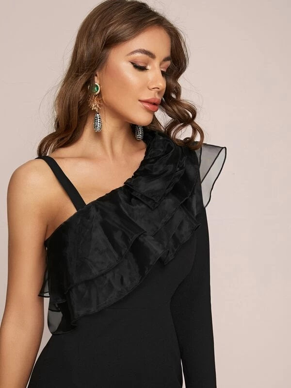 CM-JS220782 Women Elegant Seoul Style Asymmetrical Shoulder Organza Ruffle Trim Flare Leg Jumpsuit