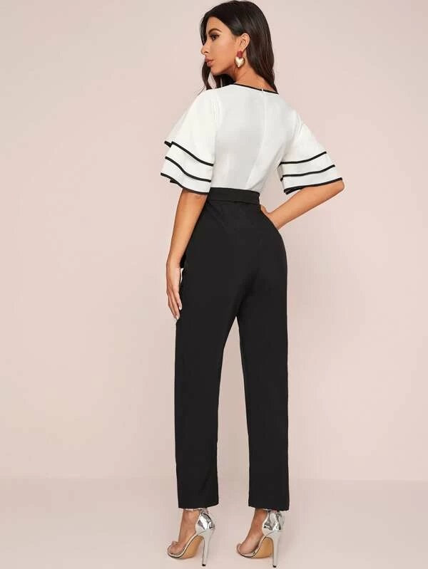CM-JS102730 Women Casual Seoul Style Contrast Binding Layered Sleeve Belted Jumpsuit