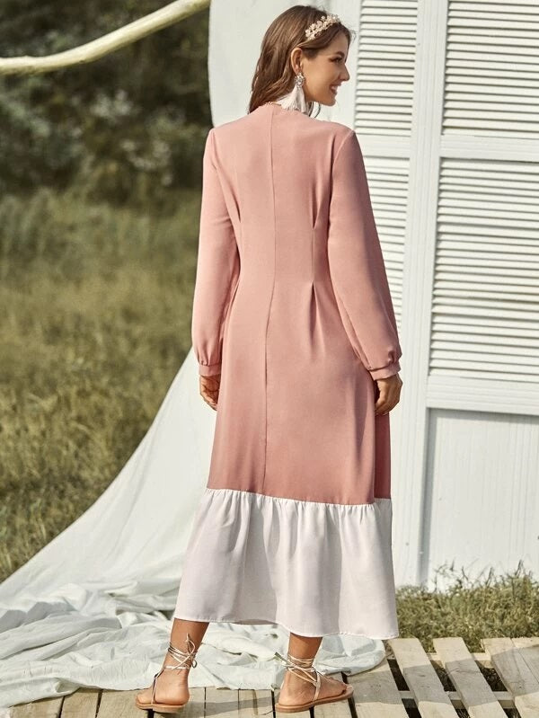CM-DS102988 Women Casual Seoul Style Contrast Panel Pearls Button Ruffle Hem Dress - Pink