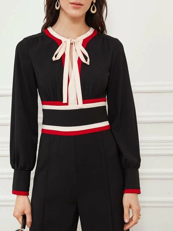 CM-JS113441 Women Trendy Seoul Style Zipper Back Tie Neck Striped Trim Button Cuff Jumpsuit