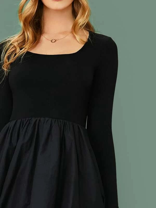 CM-DS212643 Women Elegant Seoul Style Long Sleeve Mixed Media Lantern Dress - Black