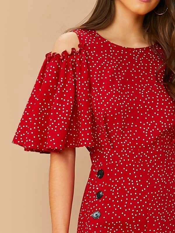 CM-JS206100 Women Trendy Seoul Style Cold Shoulder Butterfly Sleeve Dot Print Palazzo Jumpsuit