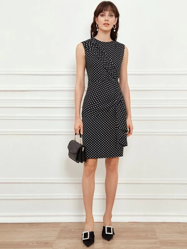 CM-DS206501 Women Elegant Seoul Style Keyhole Back Wrap Ruched Detail Polka Dot Dress - Black