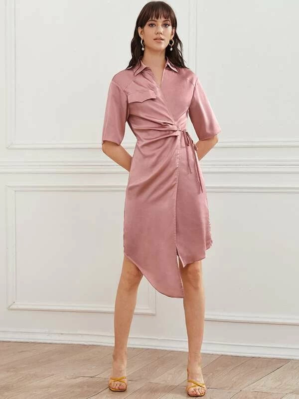 CM-DS216236 Women Casual Seoul Style Collared Wrap Tie Side Asymmetrical Hem Satin Dress - Pink