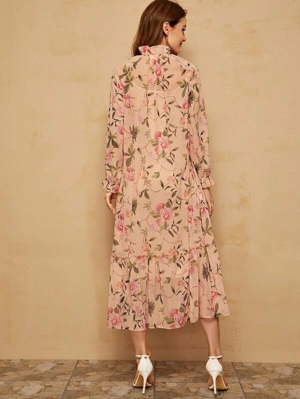 CM-DS102951 Women Elegant Seoul Style Long Sleeve Frill Neck Floral Print Ruffle Hem Dress