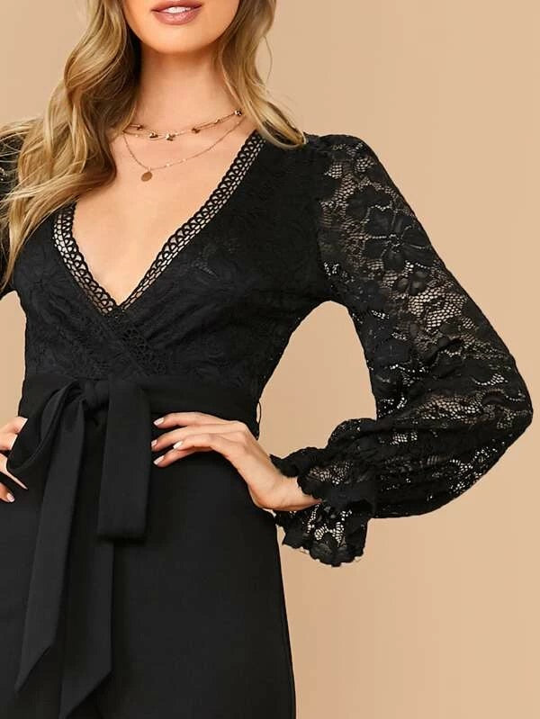CM-JS216308 Women Elegant Seoul Style Surplice Wrap Belted Lace Bodice Jumpsuit - Black