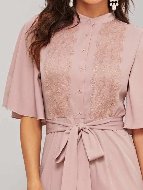 CM-JS226311 Women Elegant Seoul Style Flutter Sleeve Button Front Lace Panel Belted Jumpsuit