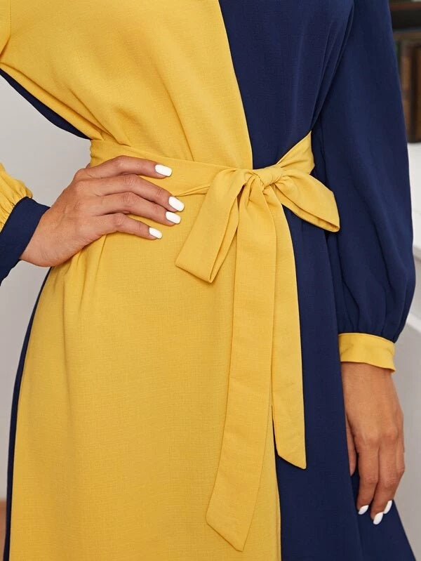 CM-DS224356 Women Elegant Seoul Style Notched Two Tone Asymmetrical Hem Belted Dress