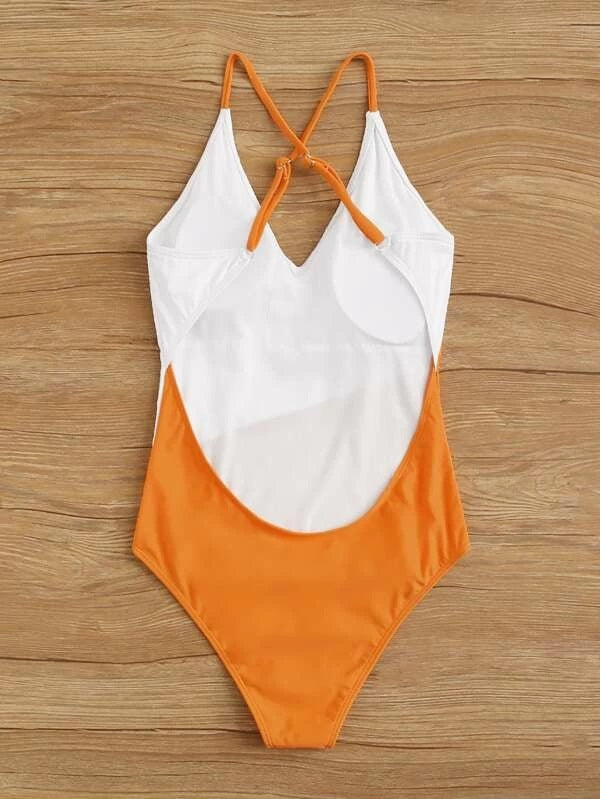 CM-SWS103477 Women Trendy Seoul Style Colorblock Criss Cross One Piece Swimsuit