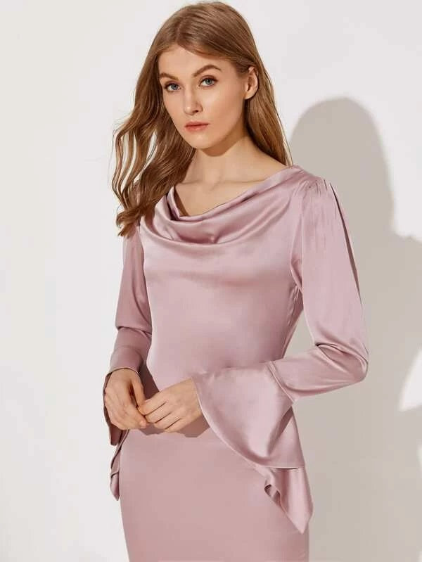 CM-DS217673 Women Elegant Seoul Style Draped Neck And Back Flounce Sleeve Satin Dress - Pink