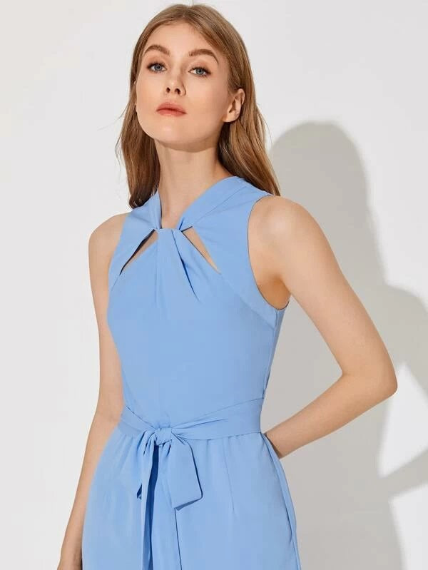 CM-JS207692 Women Casual Seoul Style Cut Out Twist Detail Belted Wide Leg Jumpsuit - Blue