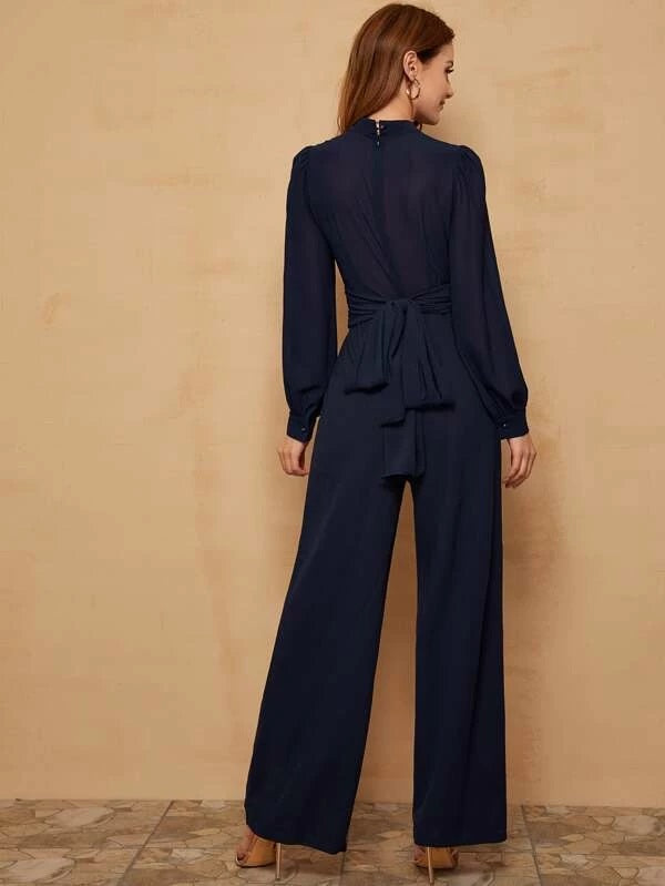CM-JS010967 Women Elegant Seoul Style Keyhole Neck Lantern Sleeve Wide Leg Jumpsuit - Navy Blue