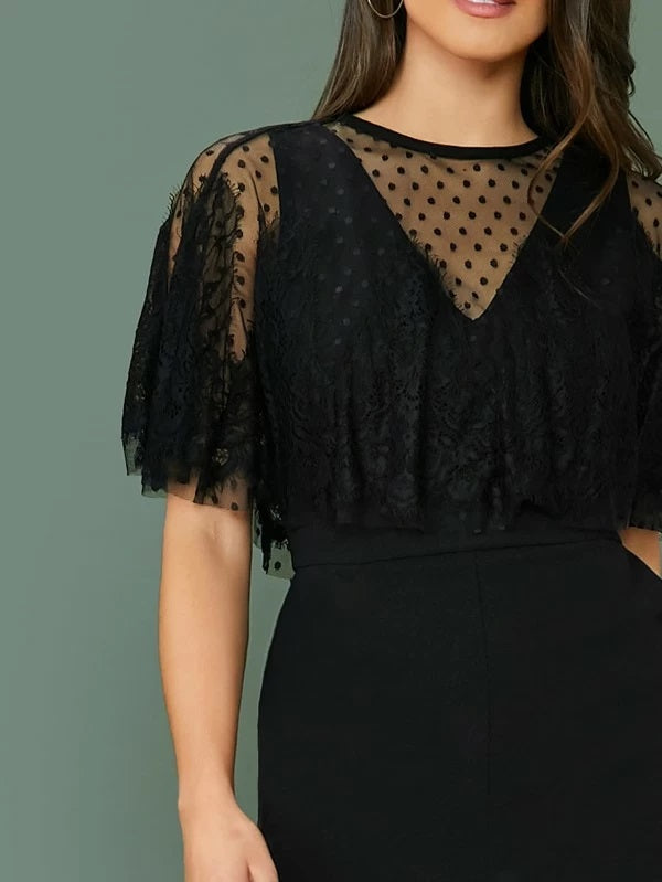 CM-JS211091 Women Elegant Seoul Style Swiss Dot Mesh Yoke Lace Trim Slant Pocket Jumpsuit - Black