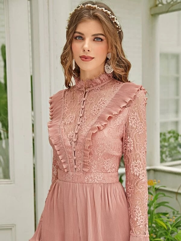 CM-JS202485 Women Elegant Seoul Style Lace Bodice Covered Button Pleated Detail Jumpsuit - Pink
