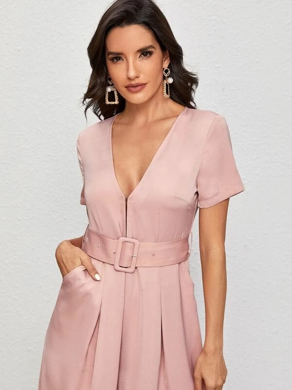 CM-JS115715 Women Elegant Seoul Style Fold Pleat Wide Leg Jumpsuit With Buckle Belt - Pink