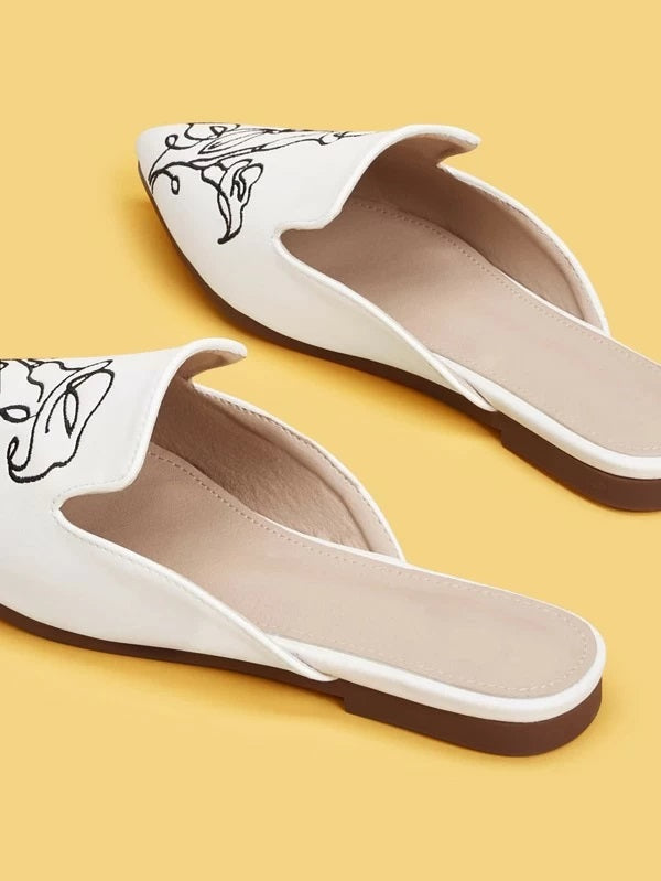 CM-SHS106232 Women Casual Seoul Style Embroidered Point Toe Flat Mules - White