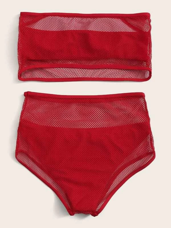 CM-SWS106375 Women Trendy Seoul Style Fishnet Overlay Bandeau With High Waist Bikini Set - Red