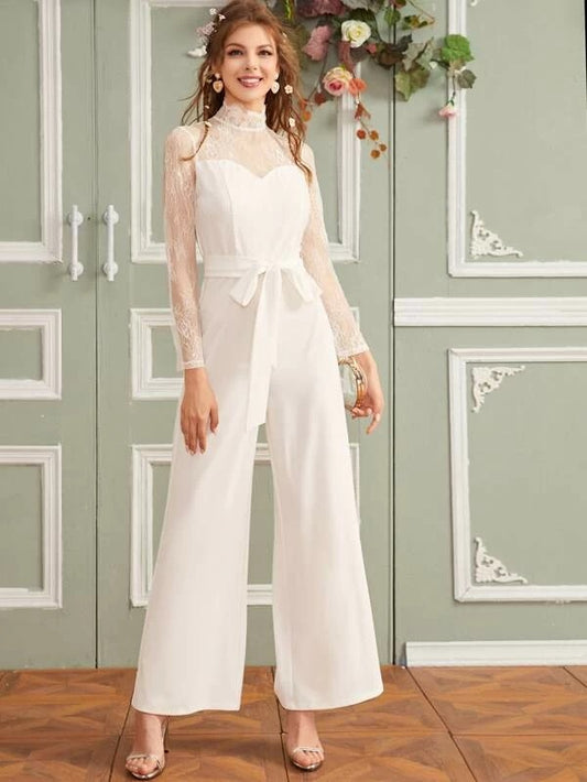 CM-JS102682 Women Elegant Seoul Style Long Sleeve Mock Neck Lace Yoke Belted Jumpsuit - White