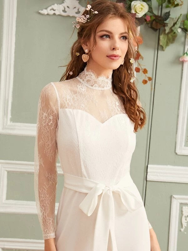 CM-JS102682 Women Elegant Seoul Style Long Sleeve Mock Neck Lace Yoke Belted Jumpsuit - White