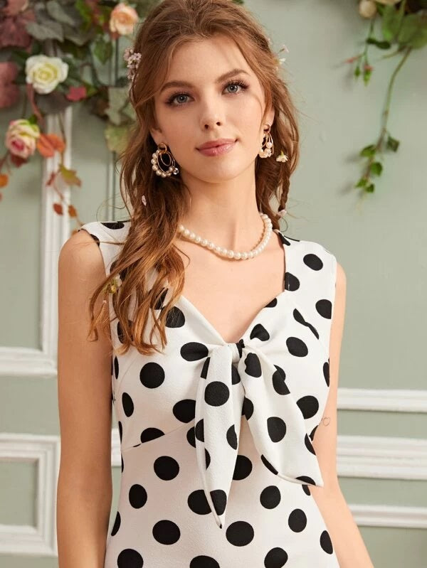 CM-DS211099 Women Casual Seoul Style Sleeveless Tie Front Polka Dot Mermaid Dress