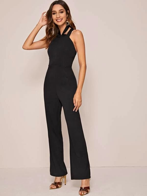 CM-JS223401 Women Casual Seoul Style Halter Tie Back Solid Sleeveless Long Jumpsuit - Black