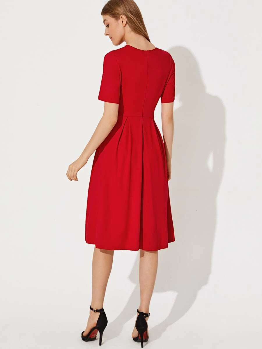 CM-DS202368 Women Casual Seoul Style Round Neck Short Sleeve Fit And Flare Solid Dress - Red