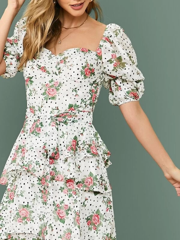CM-DS206997 Women Elegant European Style Puff Sleeve Self Belted Floral Print Layered Dress