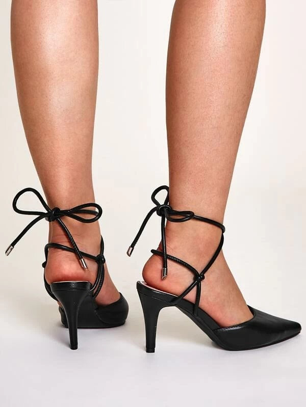 CM-SHS107029 Women Elegant Seoul Style Point Toe Tie Back Stiletto Heels - Black