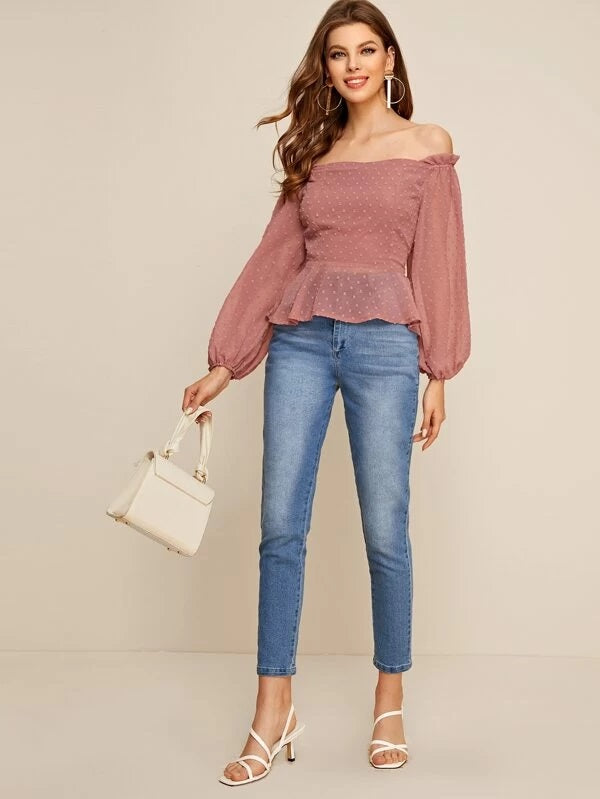 CM-TS226245 Women Elegant Seoul Style Off Shoulder Lantern Sleeve Swiss Dot Peplum Top - Pink