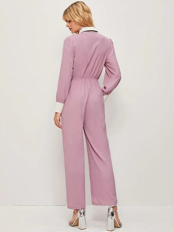 CM-JS231300 Women Elegant Seoul Style Long Sleeve Tie Neck Ruffle Trim Colorblock Jumpsuit