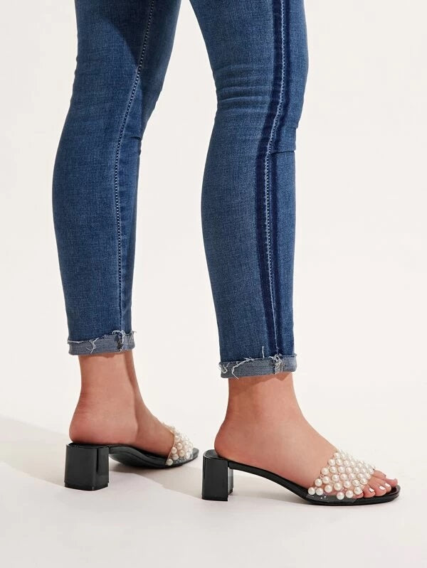CM-SHS108642 Women Casual Seoul Style Faux Pearl Transparent Strap Heeled Mules