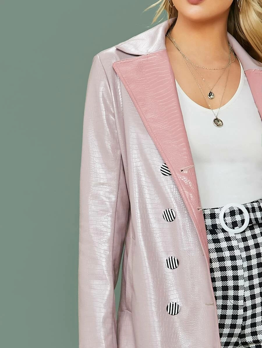 CM-CS211847 Women Elegant Seoul Style Notched Collar Self Belted Crocodile Embossed PU Leather Coat