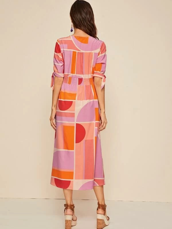 CM-DS103526 Women Casual Seoul Style Short Sleeve Button Through Patchwork A-Line Dress