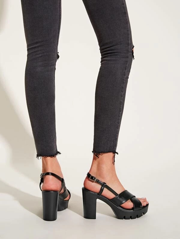CM-SHS107953 Women Elegant Seoul Style Slingback Lug Sole Chunky Heels - Black