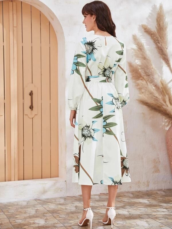 CM-DS104527 Women Elegant Bohemian Style Long Sleeve Round Neck Self Belted Floral Print Dress