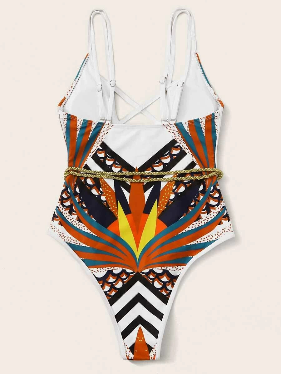 CM-SWS110938 Women Trendy Seoul Style Geometric Print Tassel Trim One Piece Swimsuit