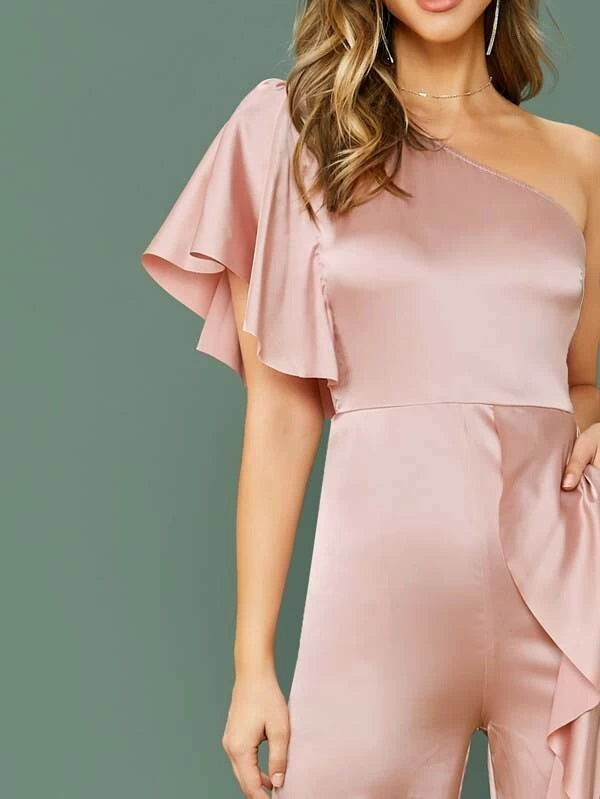 CM-JS219186 Women Elegant Seoul Style One Shoulder Ruffle Trim Slant Pocket Satin Jumpsuit - Pink