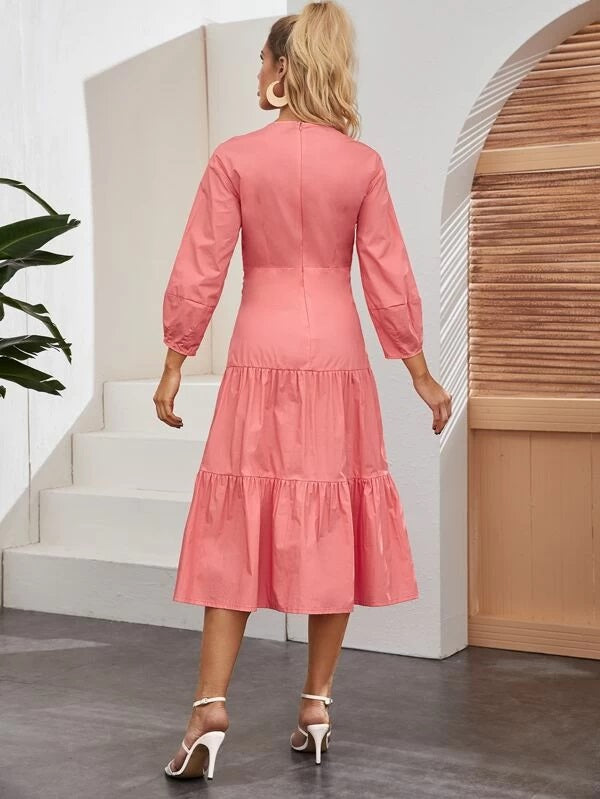 CM-DS211526 Women Casual Seoul Style Plunging Neck Flounce Hem Knot Front Peekaboo Dress - Pink