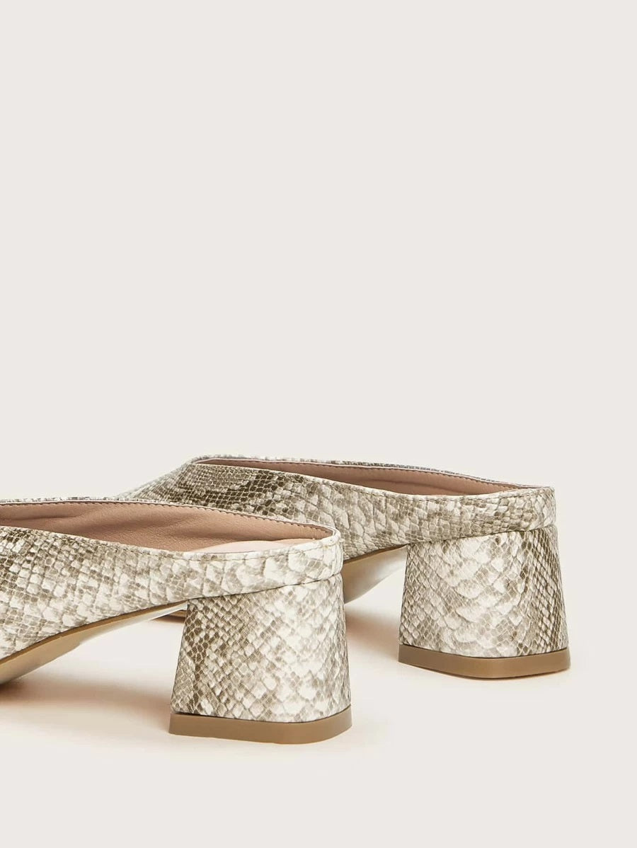 CM-SHS110917 Women Elegant Seoul Style Snakeskin Chunky Heeled Mules - Beige