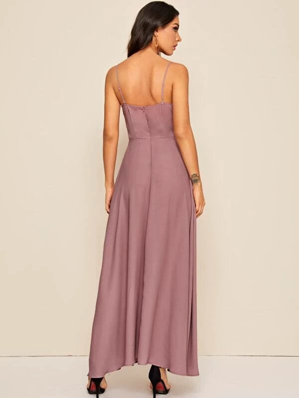 CM-DS128894 Women Elegant Seoul Style Sleeveless Surplice Neck Solid Maxi Cami Dress - Nude