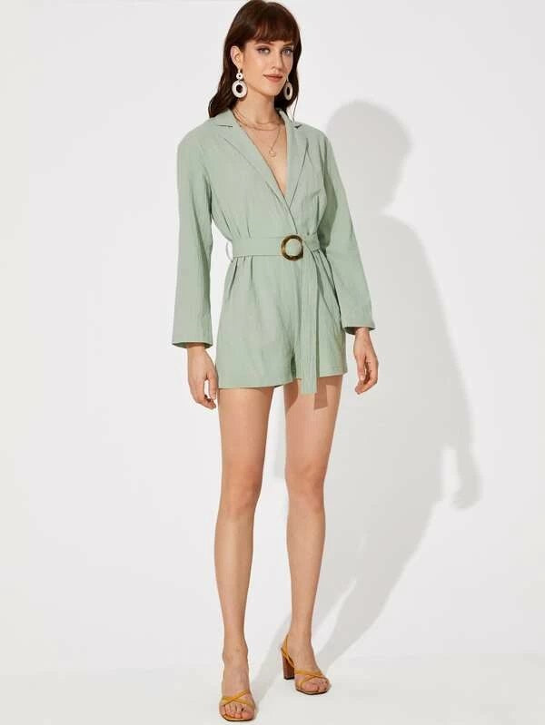 CM-JS106551 Women Casual Seoul Style Notched Collar Long Sleeve Belted Shirt Romper - Green