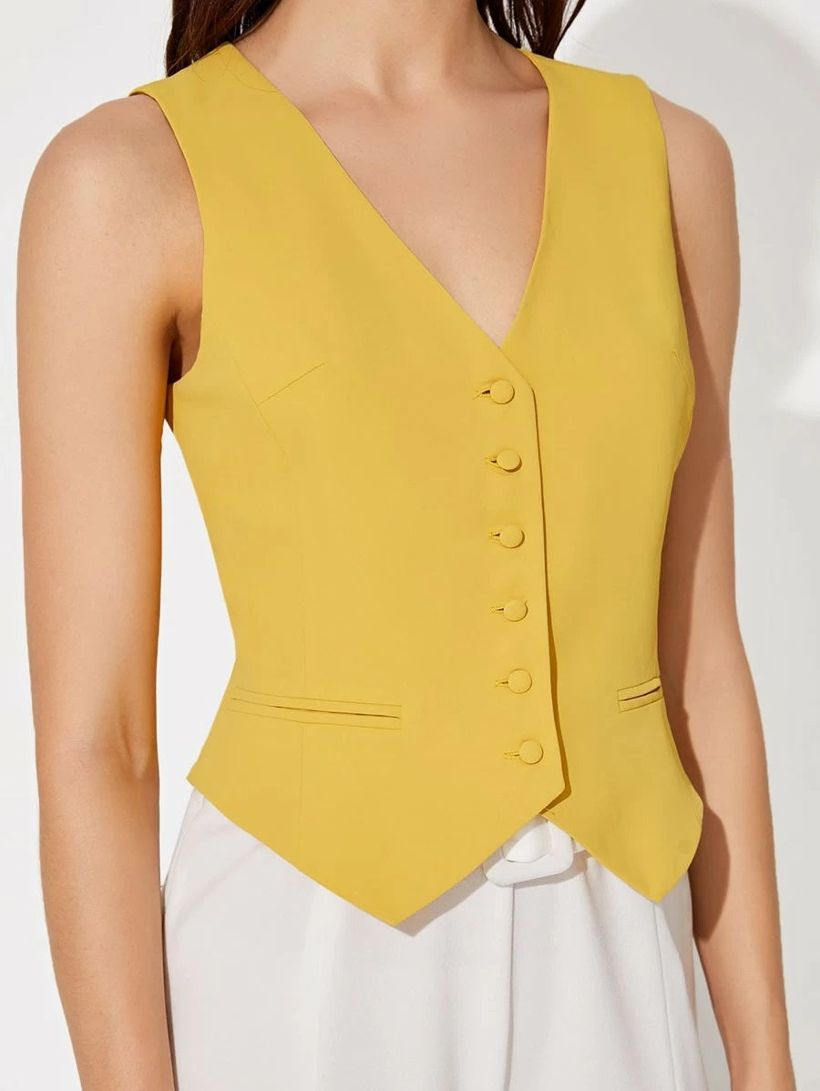 CM-CS219913 Women Casual Seoul Style Sleeveless Buttoned Front Hanky Hem Vest Jacket - Yellow