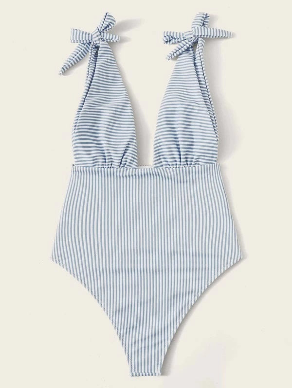 CM-SWS114072 Women Trendy Seoul Style Striped Tie Shoulder Plunging One Piece Swimsuit - Blue