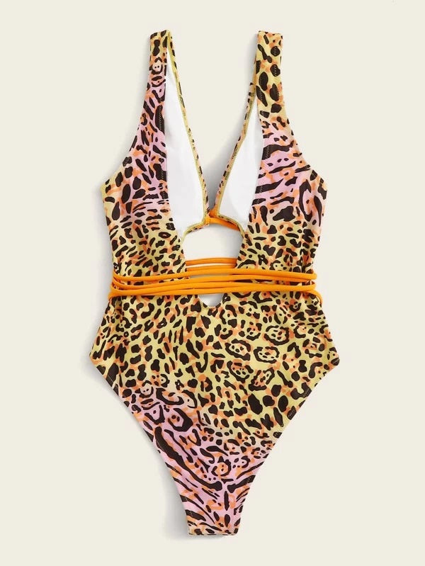 CM-SWS114611 Women Trendy Seoul Style Tie Front Leopard Pattern One Piece Swimsuit