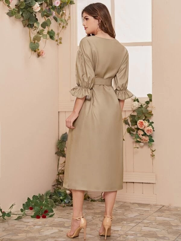 CM-DS109826 Women Casual Seoul Style Button Front Belted Flounce Sleeve Floral Print Dress - Khaki