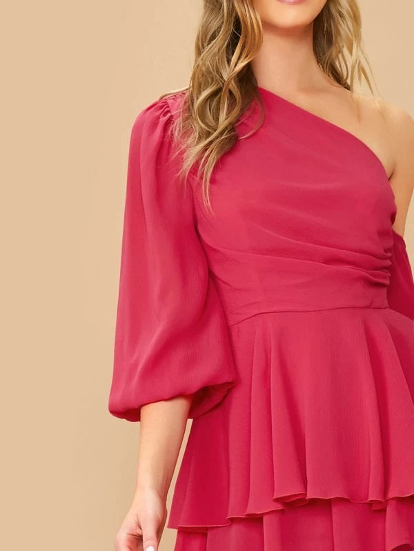 CM-JS227329 Women Elegant Seoul Style Asymmetrical Neck Balloon Sleeve Layered Hem Romper