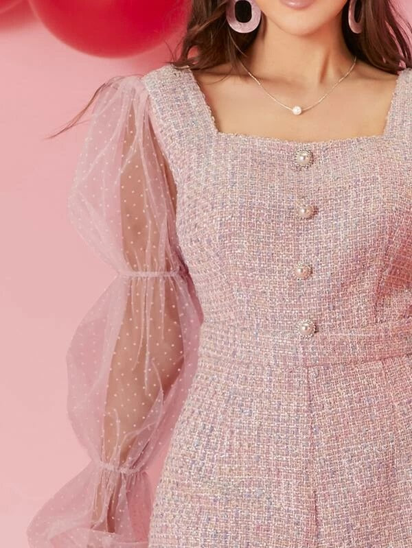 CM-JS210509 Women Elegant Seoul Style Dot Mesh Bishop Sleeve Button Front Tweed Romper - Pink